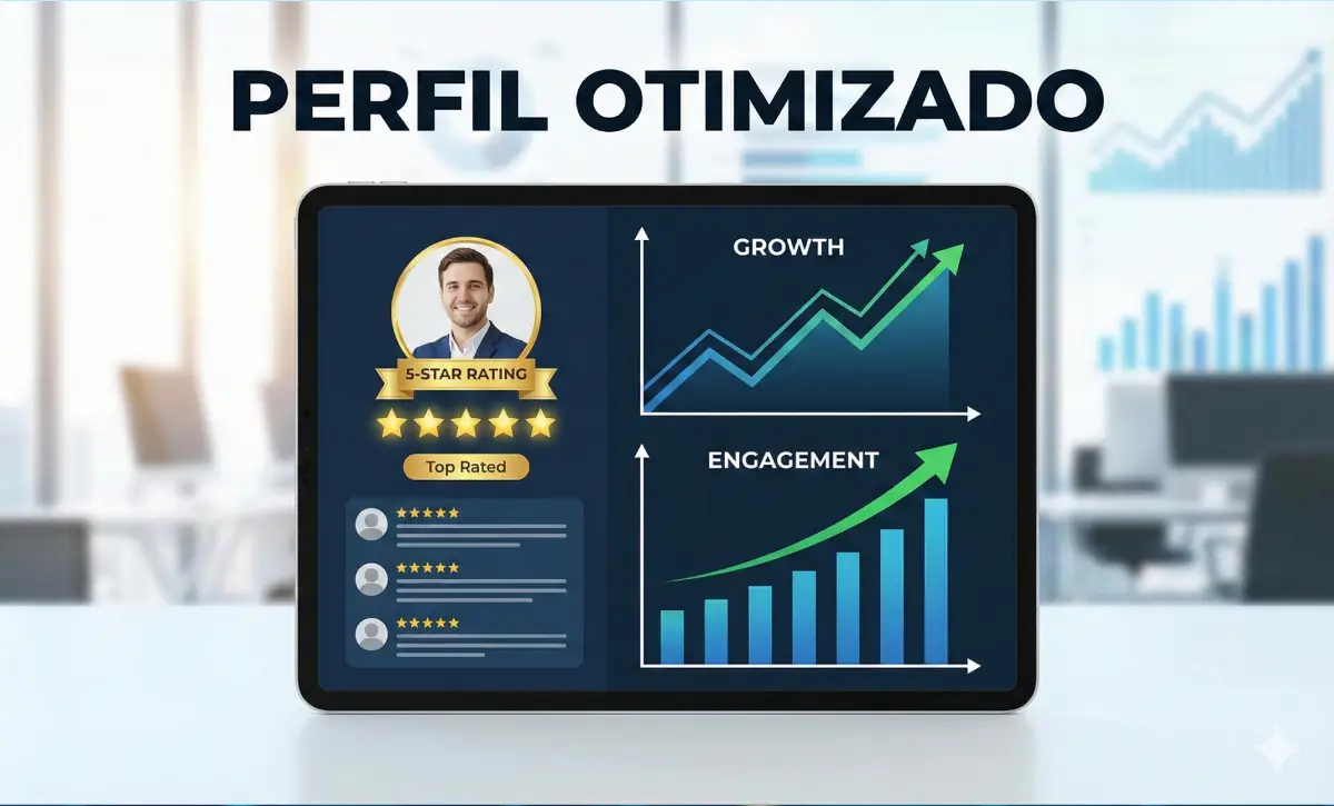 Perfil otimizado com avaliações 5 estrelas e gráficos de crescimento